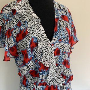 Parker Silk Red Blue Animal Cheetah Print faux wrap ruffle style dress